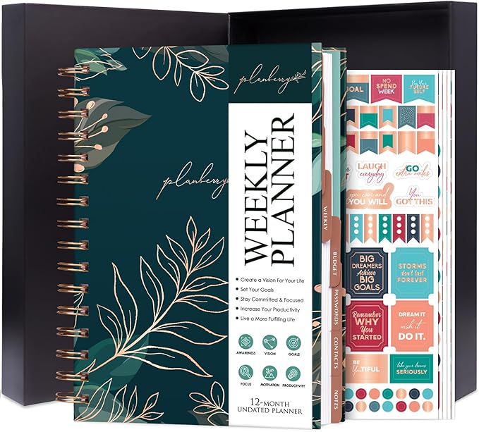 PLANBERRY Weekly Planner Premium – Undated Life Organizer & Budget Planner – Time Management, Goal Setting, To-Do List, Work-Life Balance & Habit Tracker – 6.9″ x 8.5″ (Green Pastures)