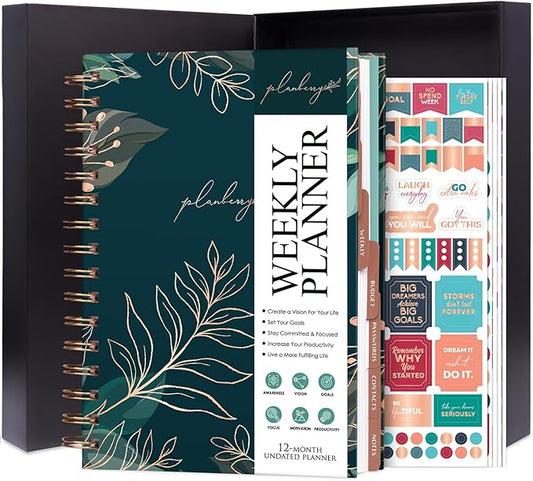 PLANBERRY Weekly Planner Premium – Undated Life Organizer & Budget Planner – Time Management, Goal Setting, To-Do List, Work-Life Balance & Habit Tracker – 6.9″ x 8.5″ (Green Pastures)