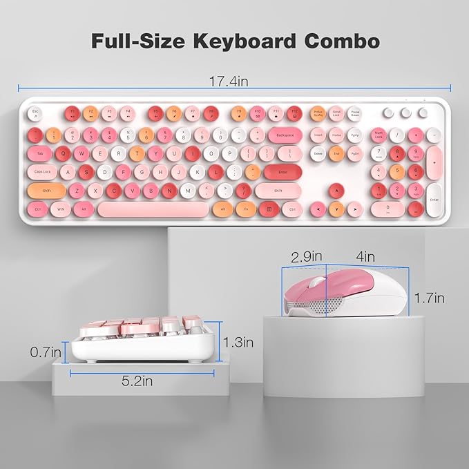 Wireless Keyboard and Mouse Combo, MOWUX Full Size Typewriter Retro Round Computer Keyboard, Mouse Wireless, Plug and Play, for Laptop, PC, Computer- White Colorful