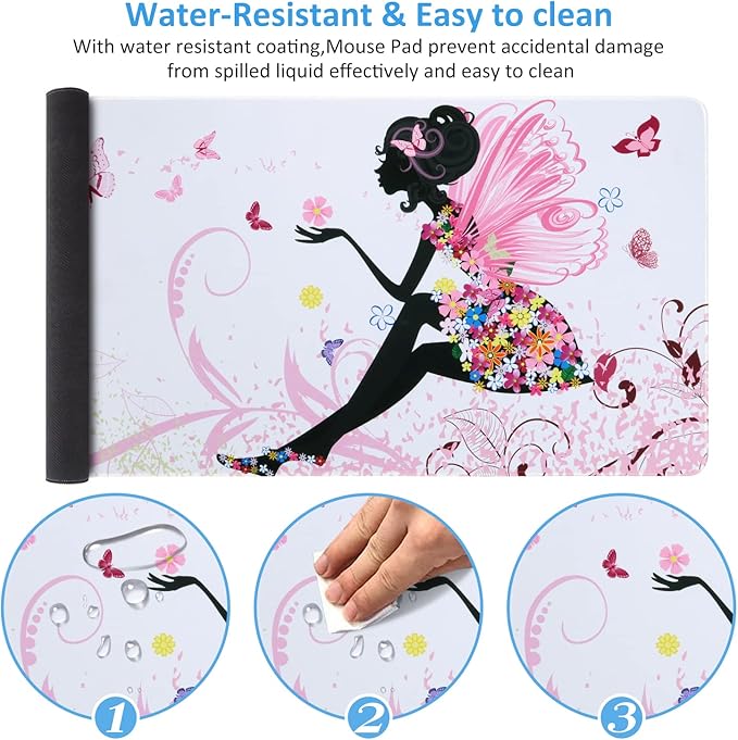 iCasso Extended Gaming Mouse Pad (35.4x15.7 in), Large 3mm Non-Slip Rubber Base Mousepad with Stitched Edges, Waterproof Keyboard Mouse Mat Desk Pad for Work, Game, Office, Home - Butterfly Girl