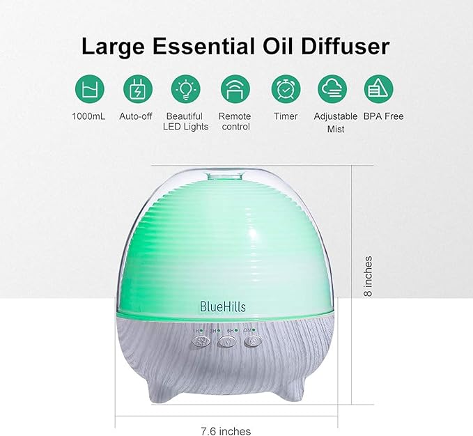 BlueHills Premium 1000 ML Large XL Essential Oil Diffuser with Remote Aroma Humidifier for Large Room Home Long Run Time Huge Coverage Area Lights High Mist Output Big Capacity White Wood Grain N1