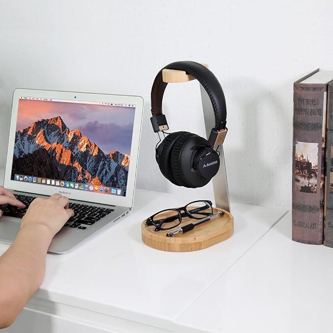 Avantree TR902 - Universal Wooden & Aluminum Headphone Stand Hanger with Cable Holder, Sturdy Desk Headset Mount Rack