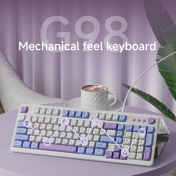 EWEADN G98 RGB Gaming Keyboard Wired, Retro Creamy Membrane Keyboards with Media Knob, Number Pad RGB Backlit, 98 Keys Quite Membrane Computer Keyboard for MAC Xbox PC Gamer- Sky Blue