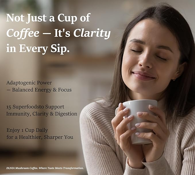 DLNIA Organic Mushroom Coffee with 12 Adaptogenic Mushrooms, Arabica Beans, Coconut Milk & MCT Oil | Cordyceps, Lion’s Mane & Turkey Tail Instant Coffee for Better Energy, Focus, Digestion, Immunity