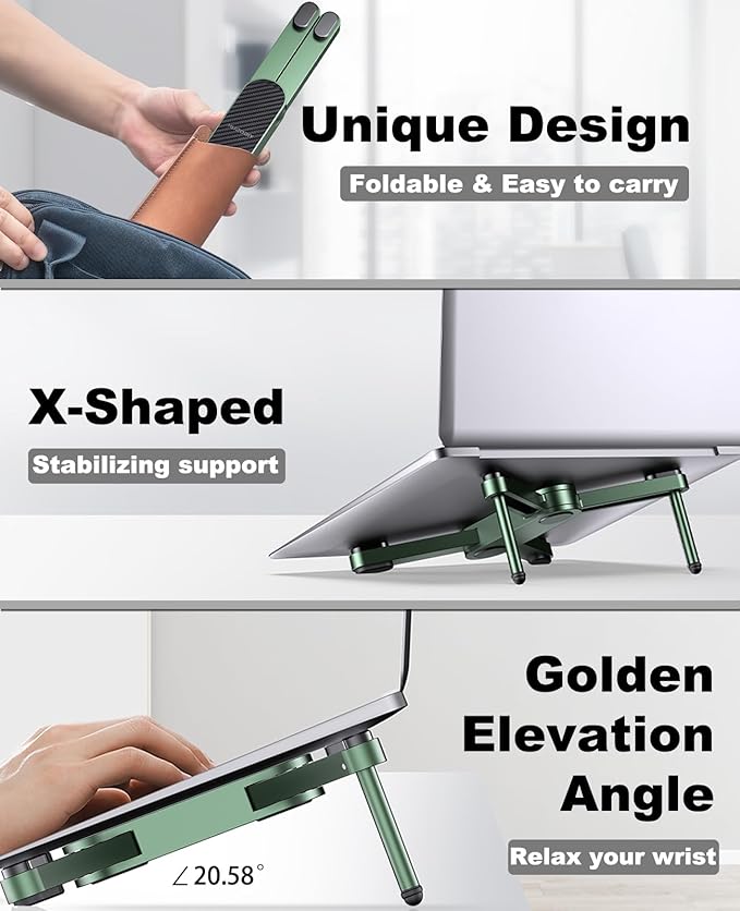New Concept Laptop Stand - Adjustable Ergonomic Aluminum Riser for MacBook Pro/Air up to 15.6” - Foldable & Portable Computer Stand for Desk, Students, Office, Travel, Gaming - Green