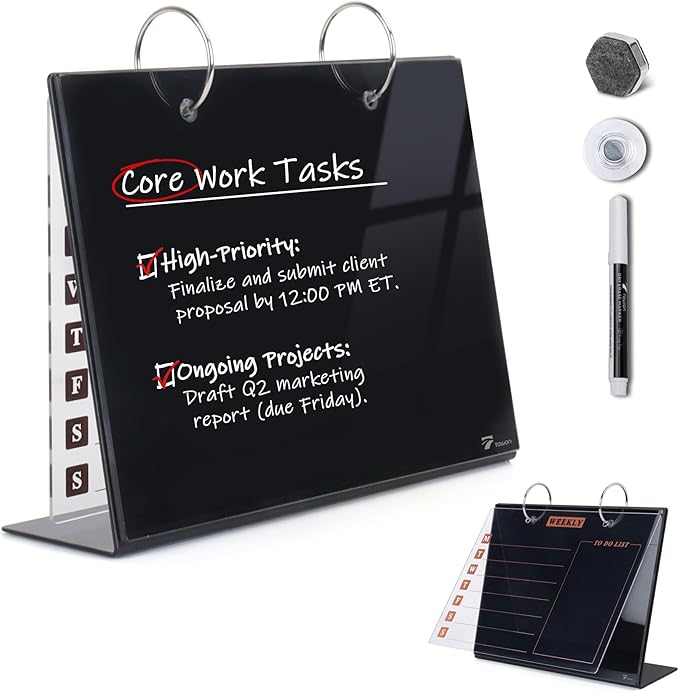 Desktop Glass Dry Erase & Acrylic Aesthetic Desk Calendar Weekly to-do List Combo, Small Magnetic Standing Whiteboard, Desk Flip Easel Calendar with Accessories for Home Office Supply, Black, 9 x 7''