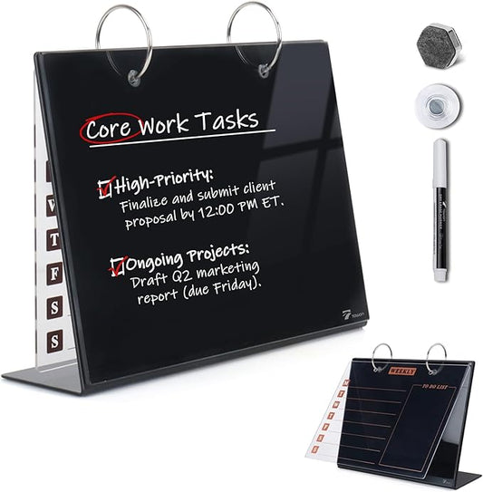 Desktop Glass Dry Erase & Acrylic Aesthetic Desk Calendar Weekly to-do List Combo, Small Magnetic Standing Whiteboard, Desk Flip Easel Calendar with Accessories for Home Office Supply, Black, 9 x 7''