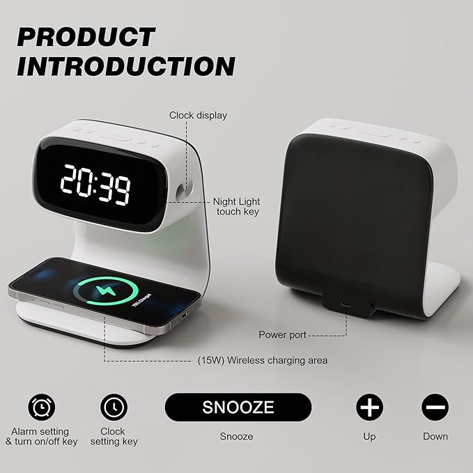 Digital Alarm Clock with Wireless Fast Charging Station 15W Touch Smart Lamp for Bedside,3 Colors Nightlight Adjustment Night Lamp for Living Room,Bedside,Heavy Sleepers (White+Cable&Adapter)