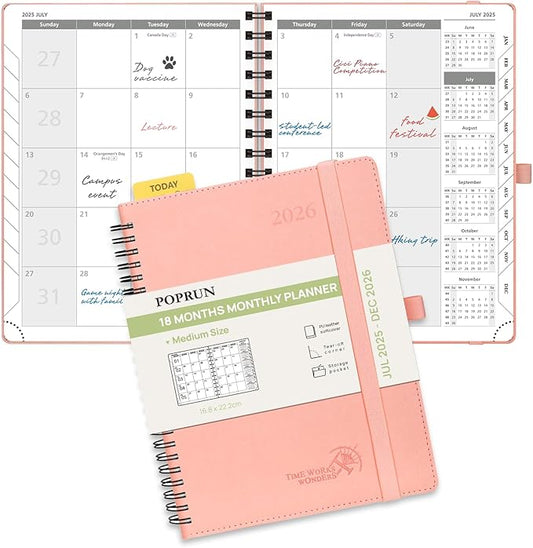 POPRUN Monthly Planner 2025-2026 Spiral Bound (6.5" x 8.5") 18 Months Calendar (Jul 2025 - Dec 2026) - 4 Pages per Month with Monthly Expense & Notes, Sunday Start, Leather Cover - Pink