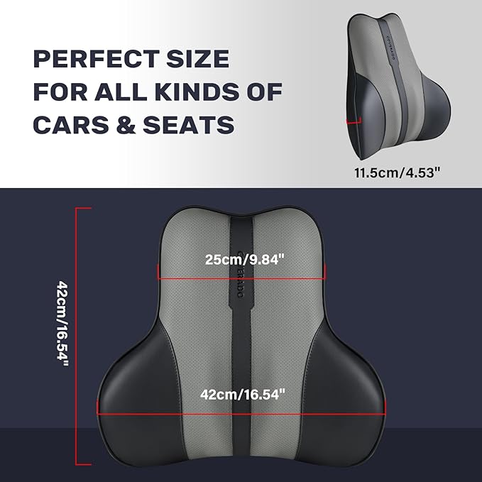 Coverado Lumbar Support Pillow for Car, Ergonomic Memory Foam Back Pillow for Office Chair, Back Cushion for Back Pain Relief, PU Leather Car Lumbar Support for Driving Seat - Black&Gray