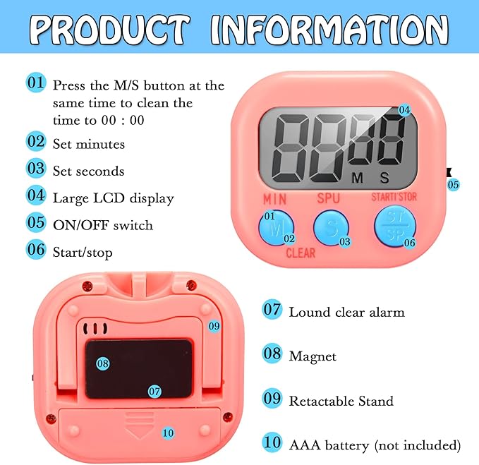 Xuhal 50 Pieces Digital Kitchen Timer Bulk, Small Magnetic Timers for Classroom, Digits Stopwatch Clock Timer for Cooking Baking Sports Games Office, Not Including Battery (Pink,Orange)