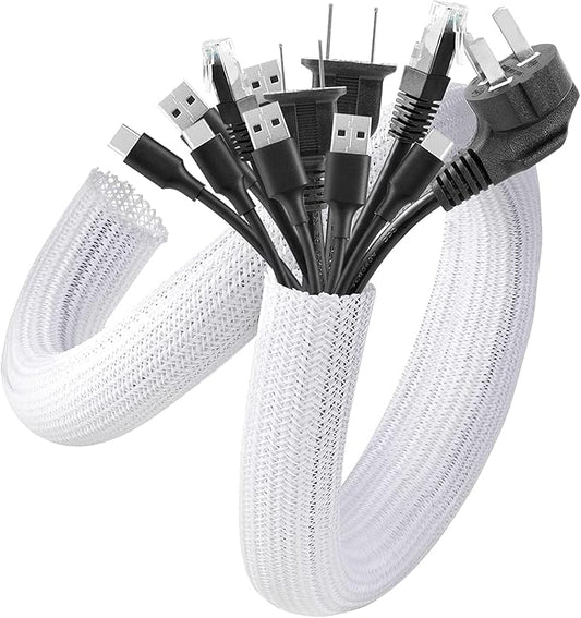 AGPTEK Cable Sleeve Cover, 2Pack 5ft - 1.8 inch Desk Cord Organizer Cable Hider, Home Office Wire Management Computer TV Wire Loom Tubing, Pet Proof Cord Protector, from Cat Dog Chewing, White