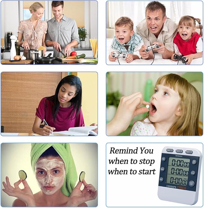 Digital Dual Kitchen Timer for Cooking, 3 Channels Count Down/up Triple Multi Timers for Food, Magnetic Memory-Preset Large-Display Adjustable Alarm Volume, 3A Battery Included