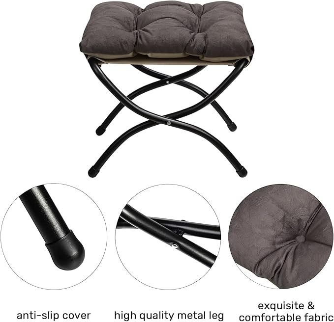HollyHOME 15"(H) Folding Footrest Stool, Upholstered Small Foldable Ottoman, Accent Padded Sofa Foot Stool for Lazy Chair, Metal Frame Portable Foot Rest Ottoman for Living Room, Bedroom, Coffee