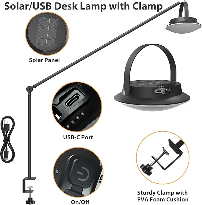 Dual-Power LED Desk Lamp with Clamp, Solar/USB Charging Desk Lamps with Metal Adjustable Swing Arm,Dimmable Eye-Caring Clip Lights with Removable Bulb for Dining/Home Office/Camping/RV Interior(Black)