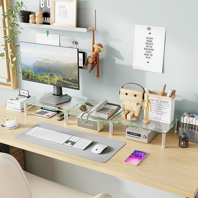 Simple Trending Dual Monitor Stand Riser, Computer Office Desktop Organizer for 2 Monitors with Tempered Glass, Adjustable Length and Angle Stand for Laptop,Printer,TV