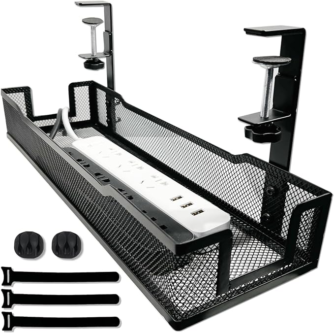No drill Under Desk Cable Management Tray with clamp-Premium Wire Tray Cord Organizer – Thin Steel Cable Tray Basket with Charger Holder for Desk–Black Cable Management Box–Easy to Install