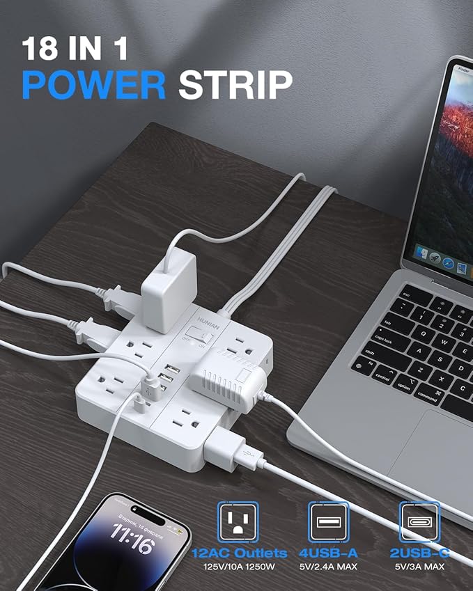 Extension Cord 25 Ft, HUNIAN Flat Plug Power Strip Surge Protector, 12 Widely Spaced Outlets with 6 USB Charger (2 USB C Ports), Desk Charging Station for Home Office Supplies, Dorm Room, White