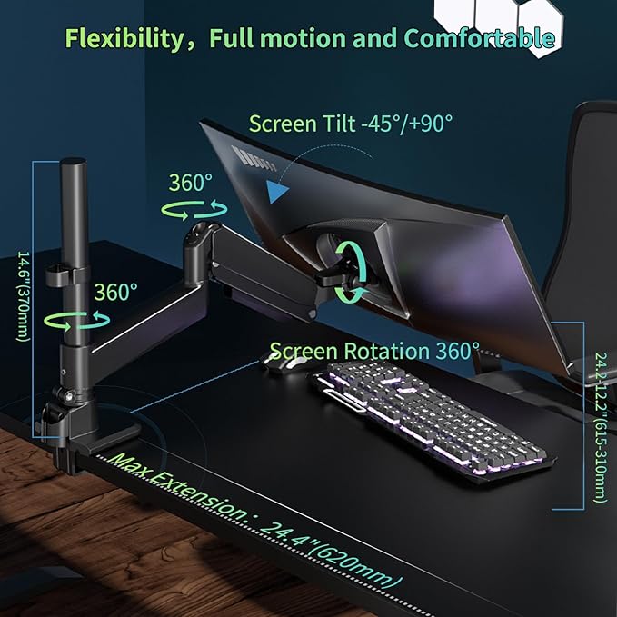 Monitor Arm for 17 to 60 inch, Hold 44 lbs, Fully Adjustable Heavy Duty Desk Mount, Monitor Stand Fit 57 55 49", Ultrawide Monitors Bracket Clamp/Grommet Base VESA 75x75/100x100, Black,H9B
