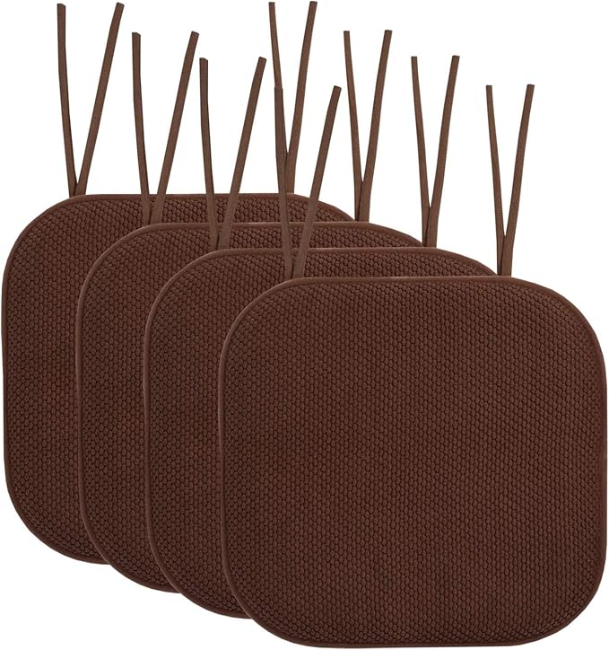 Sweet Home Collection Chair Cushion Memory Foam Pads with Ties Honeycomb Pattern Slip Non Skid Rubber Back Rounded Square 16" x 16" Seat Cover, 4 Pack, Chocolate Brown 4 Pack
