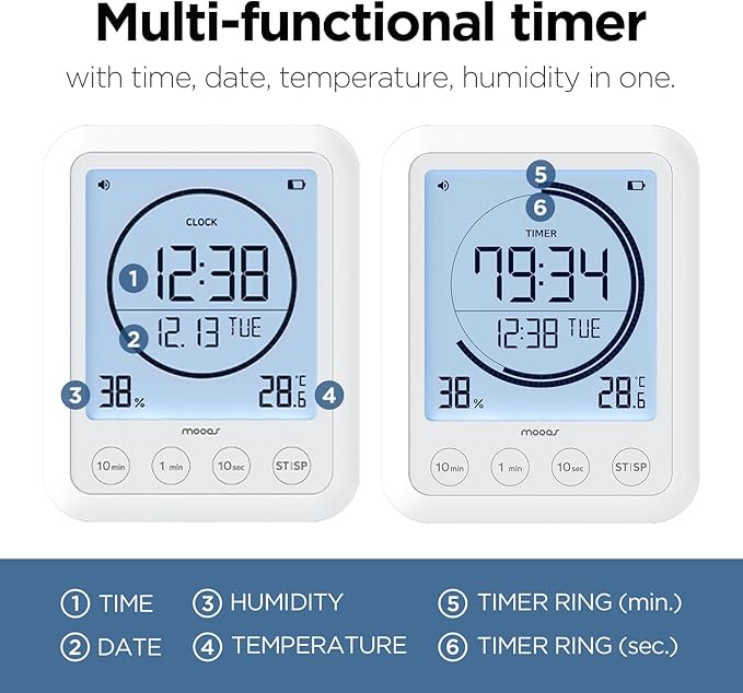 mooas Visual Shower Clock Digital Bathroom Shower Clock Waterproof Shower Timer, Temperature & Humidity, Large Backlit Display, Countdown Countup Productivity Timer for Kitchen & Bathroom