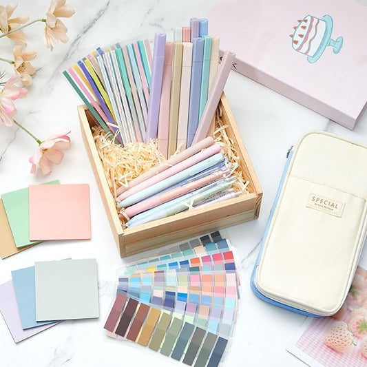 135 Pcs Book Annotation Kit Aesthetic Pencil Case Bag with 12 Highlighter 11 Gel Pen 1 Marker 300 Sheets Transparent Sticky Notes Pads 2640 Index Tabs Bible Study Supplies for School Gift(Light Blue)