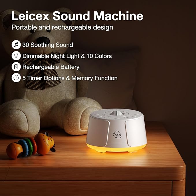 Sound Machine LEICEX White Noise Machine - 30 Soothing Sounds, 10 Colors Night Light, Rechargeable Battery- Travel Portable Sound Machine for Sleep Baby Adults, Perfect Sleeping Companion