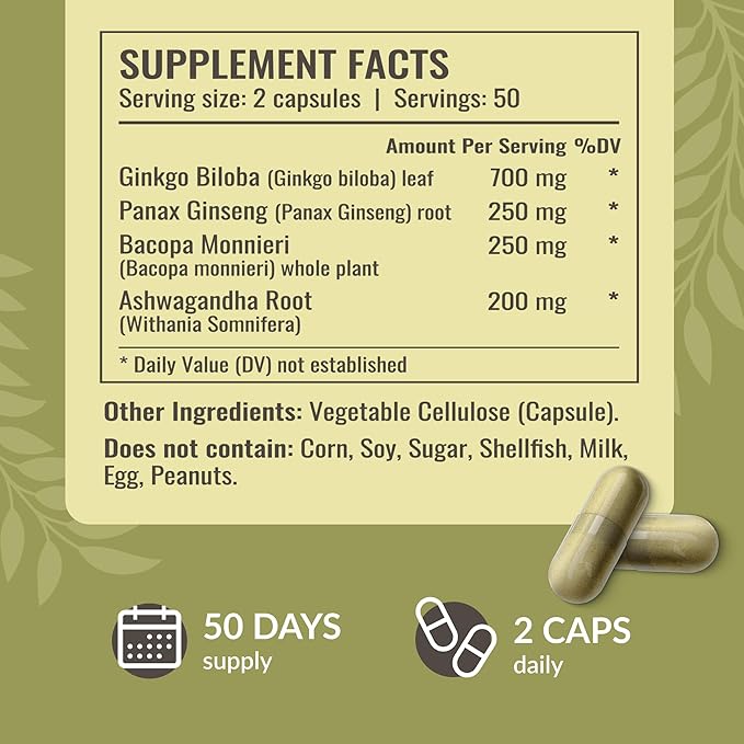 HERBAMAMA Brain Support Capsules - 1400mg Brain Support Supplement for Adults with Bacopa, Panax Ginseng and Ginkgo Biloba - Vegan, Non-GMO Focus Supplement, 100 Caps