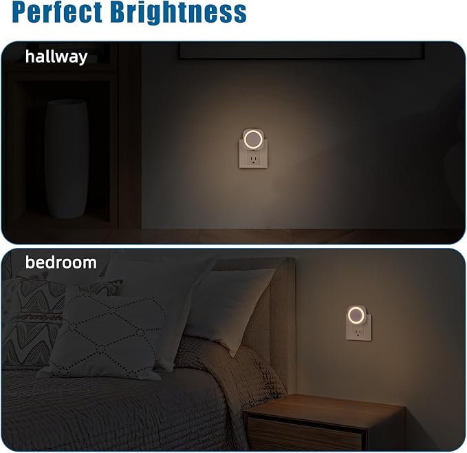 Warm Night Lights Plug into Wall, 4 Packs Dimmable Night Light with Dust to Dawn Sensor, Automatically Turn on and Off, Gentle Glow Nightlight for Bathroom,Bedroom,Stairs,Kitchen,Hallway,Warm White