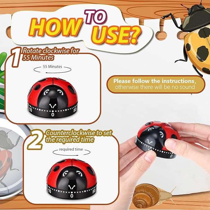 4 Pcs Ladybug Kitchen Timers for Cooking Cute Ladybug Cooking 60 Minute Mechanical Timer Red Black Kitchen Alarm Clock for Kids Reading Do Sports Baking Gifts, No Battery Required