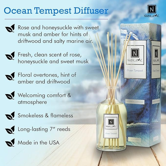 Nabila K Ocean Tempest Reed Diffuser Set – Fresh Floral & Marine Aromatic Oil for Home – Long-Lasting, Smokeless Scent – Made in USA – Includes Reeds + Bottle – Flameless Candle Alternative