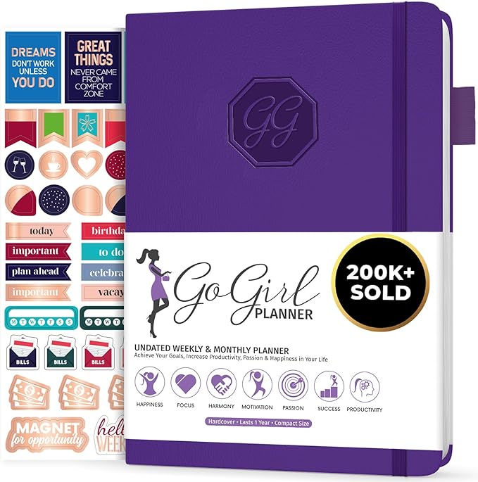 GoGirl Planner and Organizer for Women – Compact Size Weekly Planner, Goals Journal & Agenda to Improve Time Management, Productivity & Live Happier. Undated – Start Anytime, Lasts 1 Year – Purple