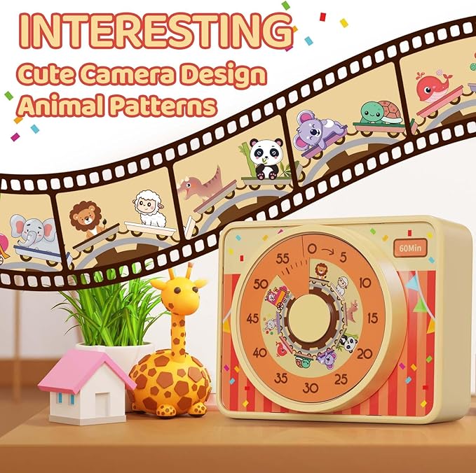 VOCOO Kids Visual Timer for Classroom - 60-Minute Countdown for Kitchen Cooking Office, Strong Magnet, Silent Time Management Tool, 2 AAA Batteries Included, Cute Animal Pattern (Orange)