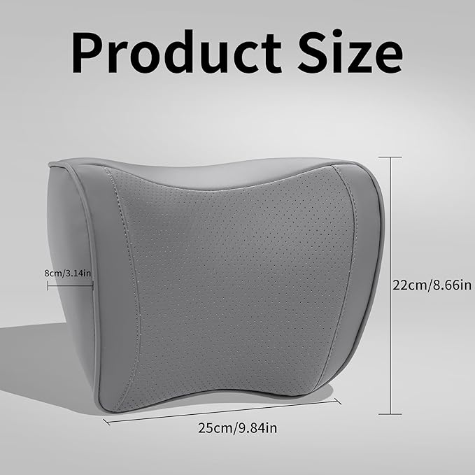 Car Headrest Pillow 100% Memory Foam, Breathable Removable Leather Cover, Premium Seat Support Head Neck Cushion for Driving Travel Home Office, Gray, 1 Pack