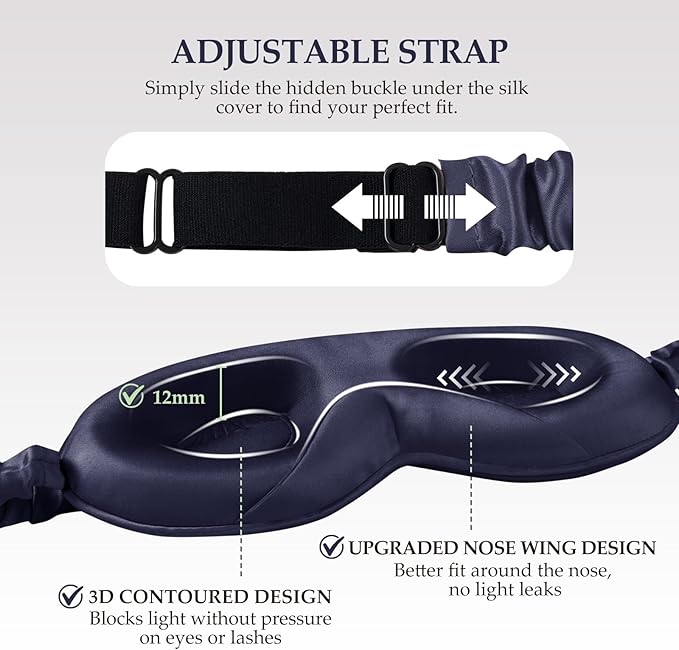 100% 22 Momme Mulberry Silk Sleep Mask with Adjustable Strap, 3D Contoured Cup Silk Eye Mask for Sleeping, Total Black Out, Navy Bule
