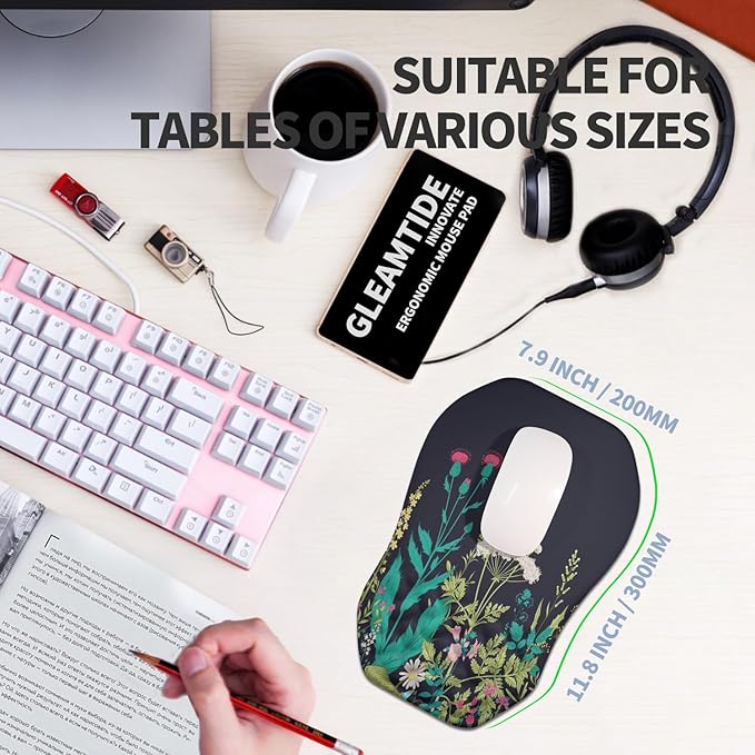 Ergonomic Raised Mouse Pad Wrist Support with Bilateral Slope Memory Foam Mousepad for Wrist Rest and Carpal Tunnel Pain Relief 11.8x7.9〃Midnight Flowers