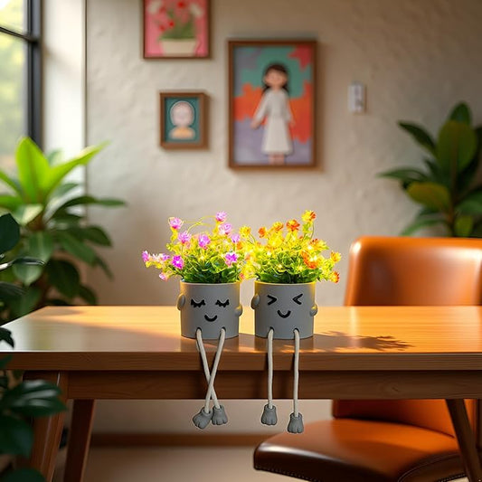 Cute Fake Plants, Flower Pots with String Lights, Fake Plants Artificial for Desk Décor, Office Decor for Women, Shelf Decor for Gift, Bathroom Decoration, Window Sill Decor