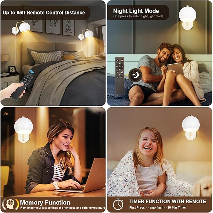 Wall Sconce with Remote Control, Plug in Wall Sconces Dimming 0-100% and Adjustable Color Temperature 2700K-6000K, Brushed Brass White Globe Swing Arm Wall Lights with Plug in Cord(2 Bulbs)