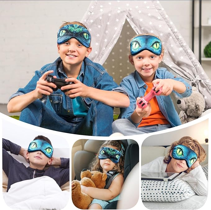 2 Pcs Sleep Mask for Kids Boys, Silk Eye Covers for Sleeping, Adjustable Strap & Light Blocking Design, Adult Children's Bedtime Blindfold for Travel and Home Use (Green Dinosaur Eyes)
