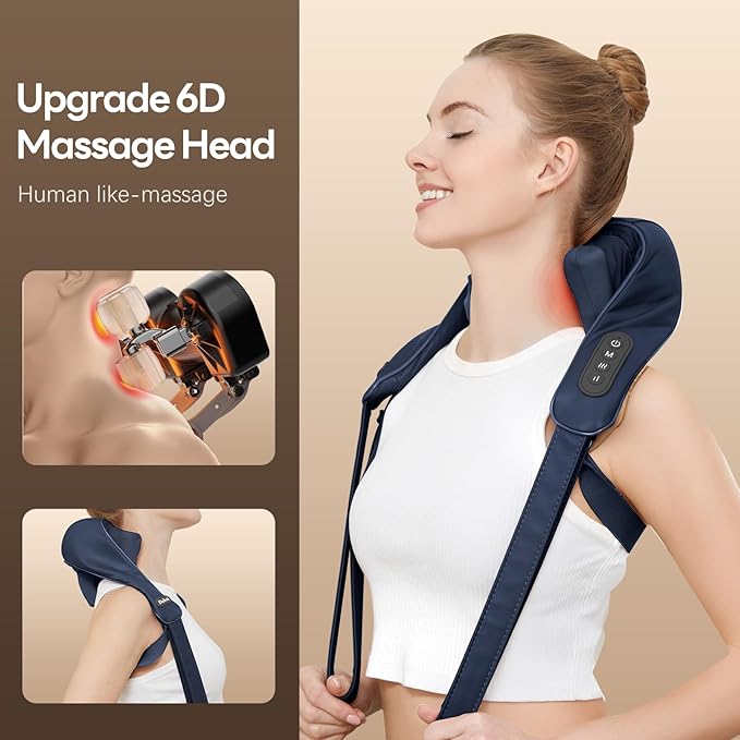 Neck Massager with Heat for Pain Relief Deep Tissue,6D Shiatsu Kneading Massage,Cordless Rechargeable for Neck,Shoulder,Gifts for Mom/Dad(PU-Dark Blue)