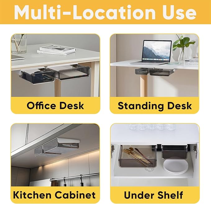 2 Pack Under Desk Drawer Slide Pull Out Plastic Organizer, Attachable Clear Black Acrylic Self Adhesive Mount Hidden Storage for Office & Home, Kitchen, Cabinet, Table, Counter, Space Saving