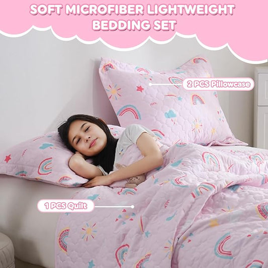 Pink Girls Rainbow Quilt Set Full Size Kids Bedding Sets Lightweight Summer Bedspread Soft Microfiber Breathable Bed Comforter All-Season