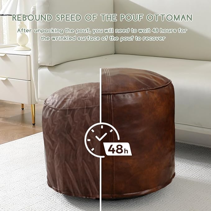 HIGOGOGO Round Stuffed Pouf Ottoman, Pu Leather Poufs with Foam Chunk Filling, Furry and Fluffy Pouf Foot Stool Storage Ottoman, 20 X 15 Floor Poufs Foot Rest for Living Room,Dark Brown