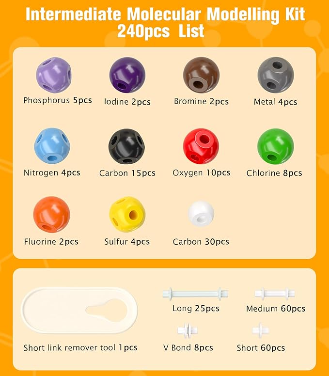 Organic Chemistry Model Kit-240 PCS,Portable Molecular Model Kit for Chemistry Classes,Atomic Element Model Set for Organic＆Inorganic Learning,Supply to Students ＆ Teachers