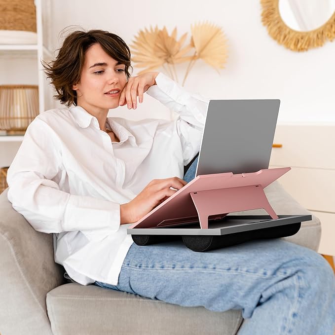 Adjustable Lap Desk - with 8 Adjustable Angles & Dual Cushions Laptop Stand for Car Laptop Desk, Work Table, Lap Writing Board & Drawing Desk on Sofa or Bed by HUANUO, Pink