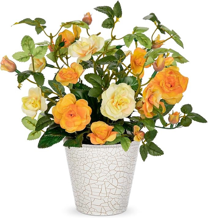 Hollyone Artificial Plants & Flowers in Vase Yellow Camellia Roses Small Faux Flower Plant Arrangement with Pot Fake Rose Flowers Home Decor Office Bathroom Shelf Desk Table Decoration