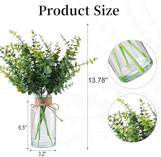 Fake Plants Eucalyptus Stems in Glass Vase with Faux Water, Artificial Plants Eucalyptus Leaves for Shelf Desk Bathroom Farmhouse Coffee Table Home Decor