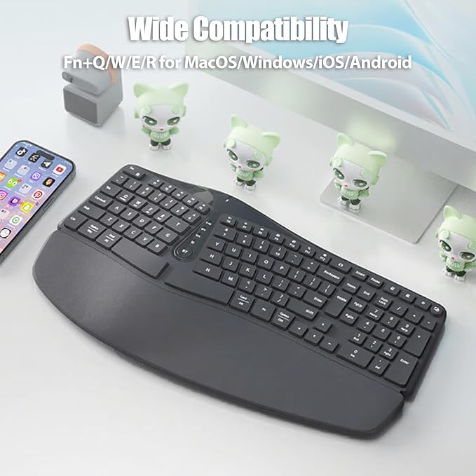 Bow Split Ergonomic Keyboard Wireless with Cushioned Wrist & Palm Rest, Wireless 2.4G/Bluetooth/Wired USB-C, Comfortable Natural Typing, Compatible with Windows/Mac/PC/Laptop, Space Grey