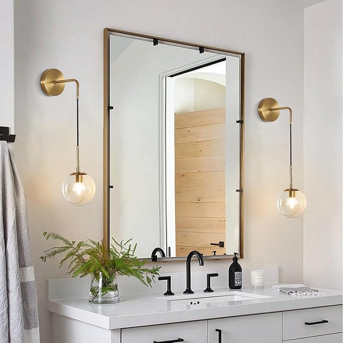 BOKT Mid Century Modern Globe Wall Sconce Lighting Brushed Brass Gold Amber Glass Round Wall Light Fixture Vintage Vanity Globe Bathroom Bar Wall Lamp (Gold+Amber)