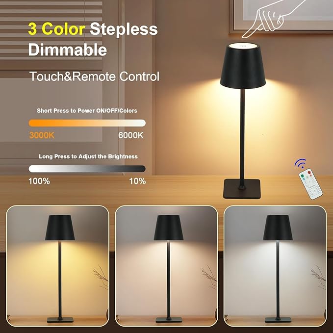 Cordless Table Lamp with Timer 2 Pack, Czgor Rechargeable 5200mAh Battery Operated Lamp with Remote, Adjustable Heights, 3-Color Stepless Dimming, Small LED Table Lamp for Bedroom Dining Office(Black)